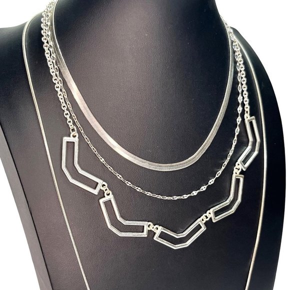 Statement Necklace Trio Geometric Silver Tone Costume Jewelry - Picture 1 of 8
